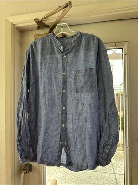 Muji Navy Blue Microcheck Band Collar Shirt